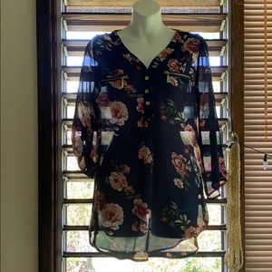 Justify M Floral Navy Blue Blouse (Sheer and Long)